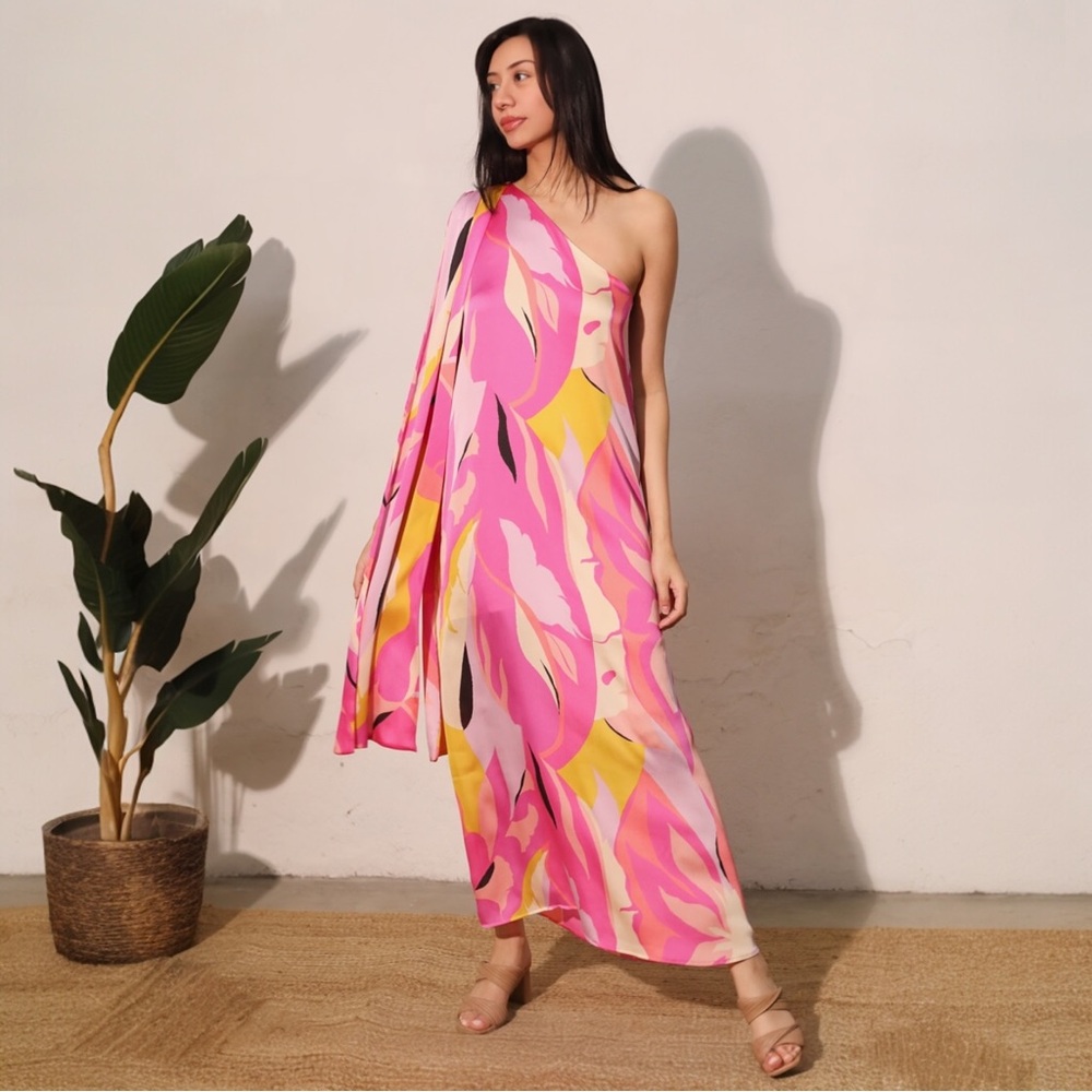 Tyche One Shoulder Pink Tropical Resort Vacation Maxi Dress